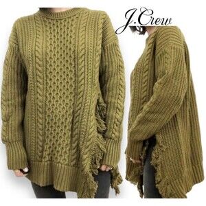 J Crew Oversized Cableknit Fringe Side Slit Sweater Size M Wool Blend Knit Green